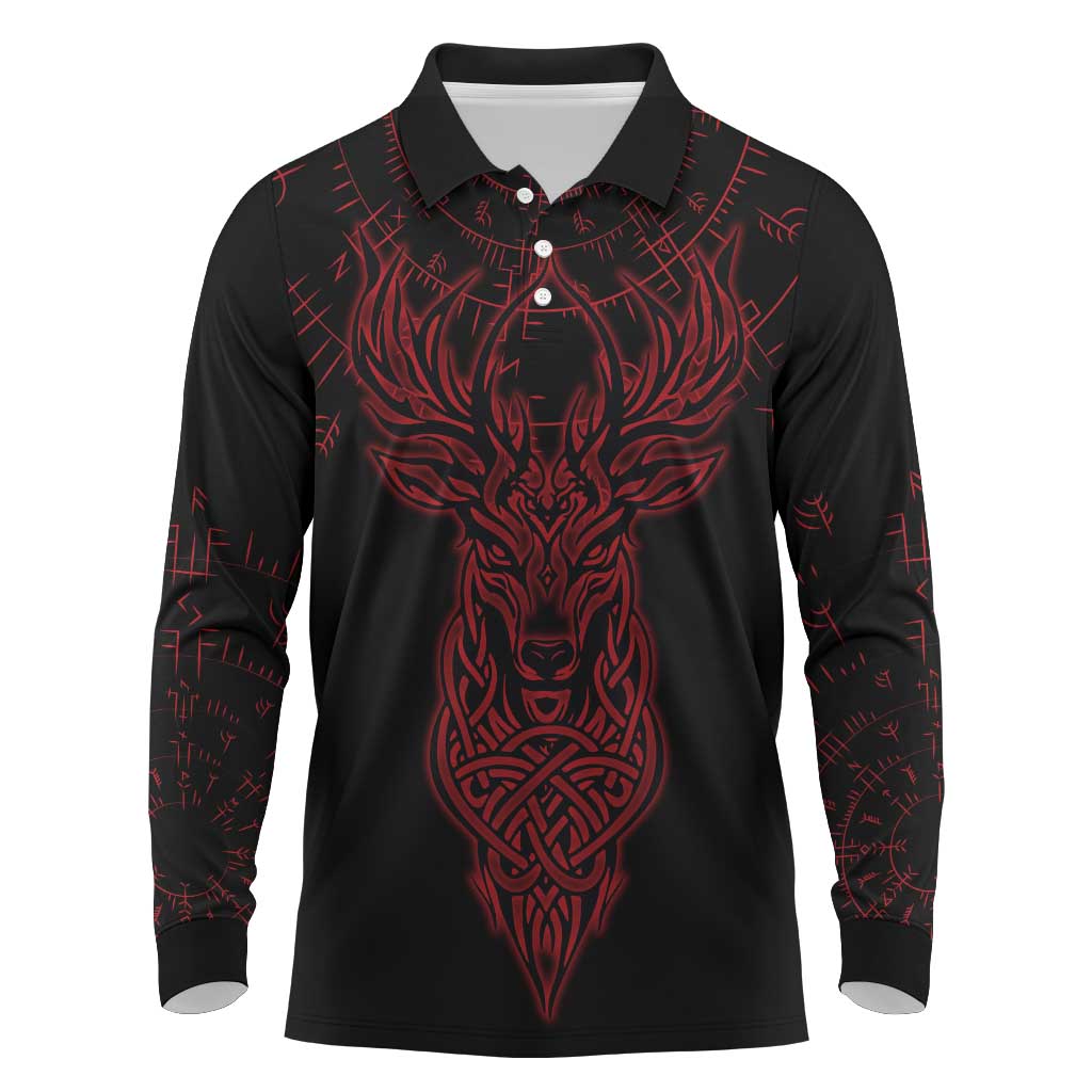 Viking Stag and Helm of Awe Symbol Long Sleeve Polo Shirt Glowing Norse Runic Tribal Illustration