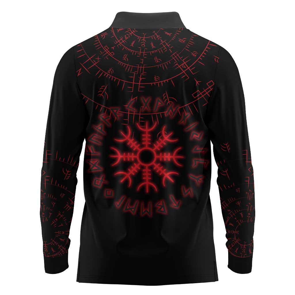 Viking Stag and Helm of Awe Symbol Long Sleeve Polo Shirt Glowing Norse Runic Tribal Illustration