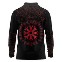 Viking Stag and Helm of Awe Symbol Long Sleeve Polo Shirt Glowing Norse Runic Tribal Illustration