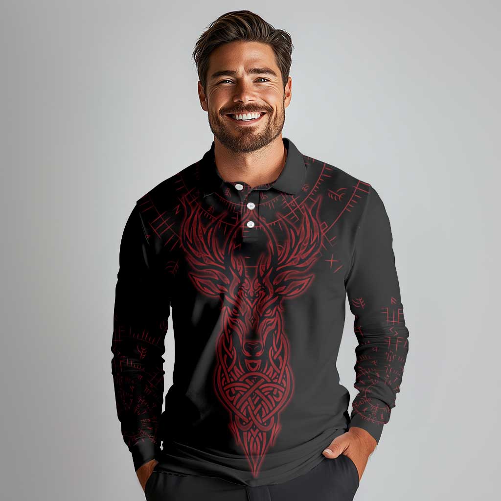 Viking Stag and Helm of Awe Symbol Long Sleeve Polo Shirt Glowing Norse Runic Tribal Illustration