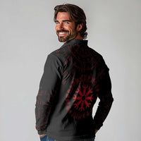 Viking Stag and Helm of Awe Symbol Long Sleeve Polo Shirt Glowing Norse Runic Tribal Illustration