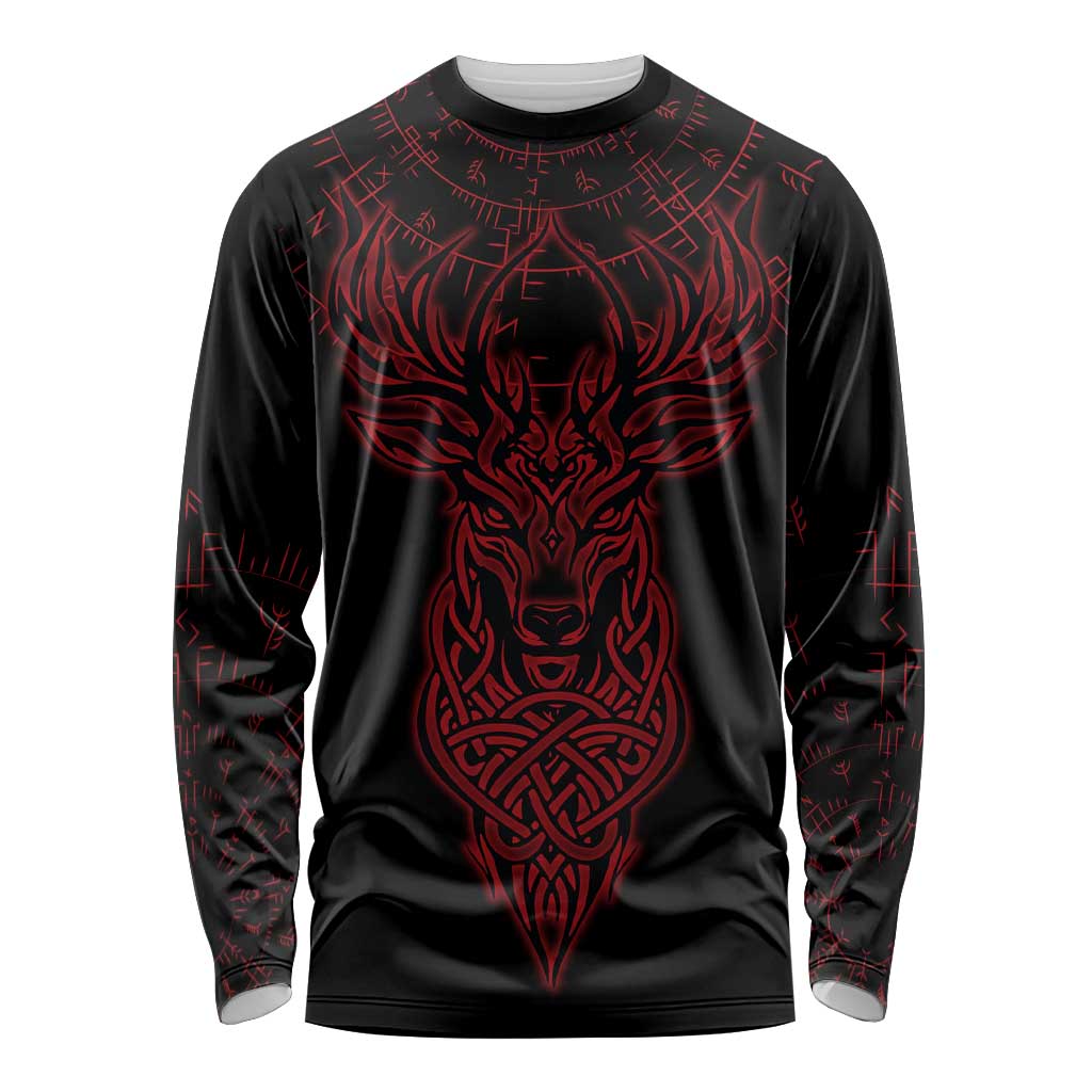 Viking Stag and Helm of Awe Symbol Long Sleeve Shirt Glowing Norse Runic Tribal Illustration