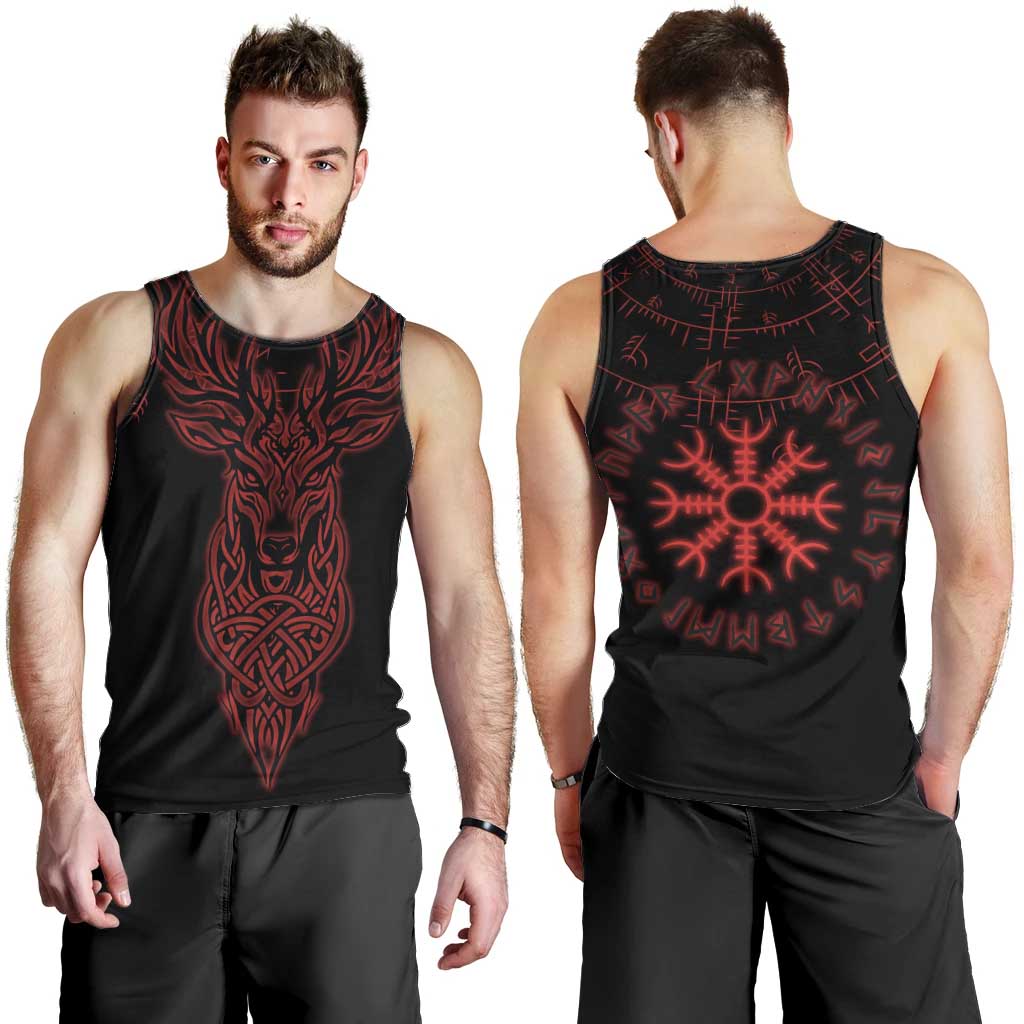 Viking Stag and Helm of Awe Symbol Men Tank Top Glowing Norse Runic Tribal Illustration