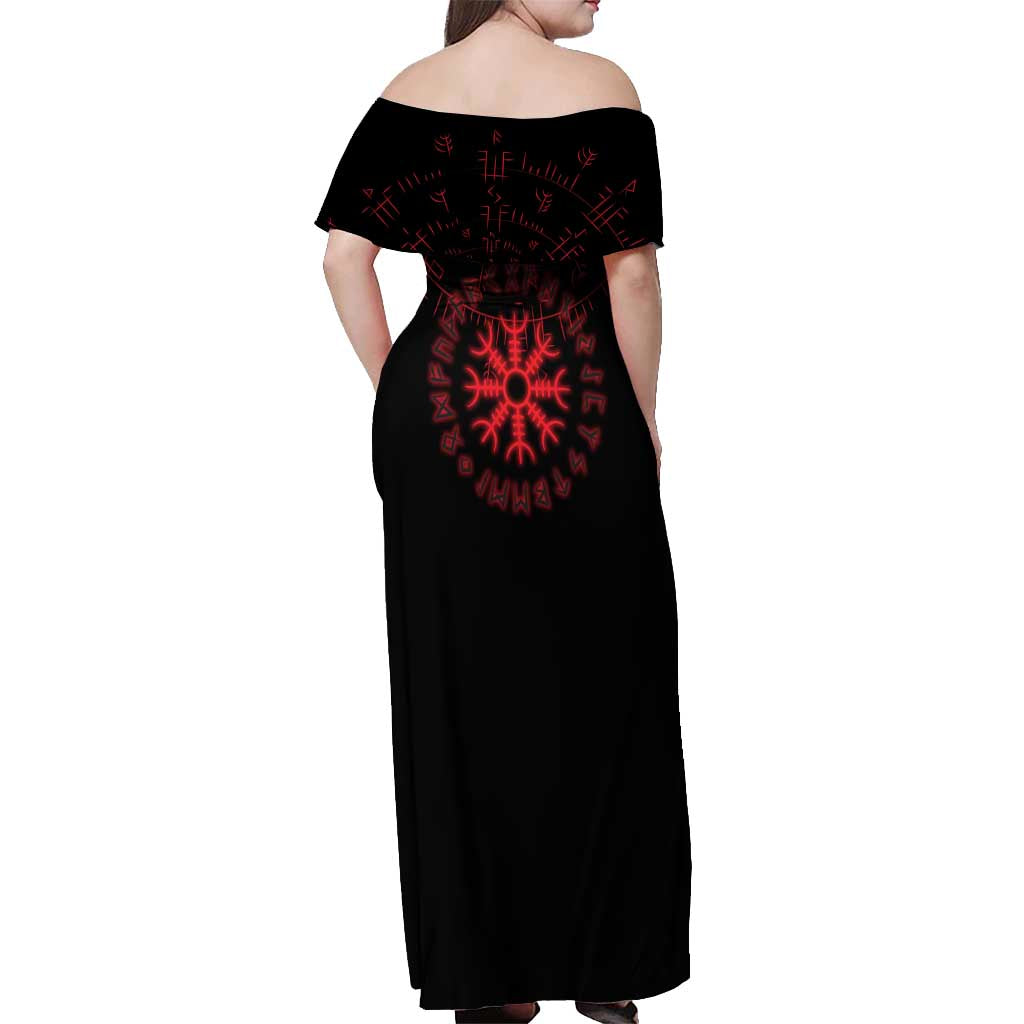 Viking Stag and Helm of Awe Symbol Off Shoulder Maxi Dress Glowing Norse Runic Tribal Illustration
