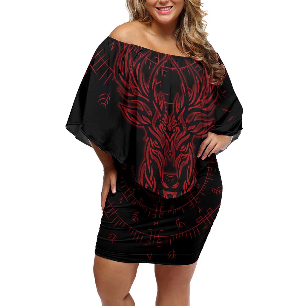 Viking Stag and Helm of Awe Symbol Off Shoulder Short Dress Glowing Norse Runic Tribal Illustration