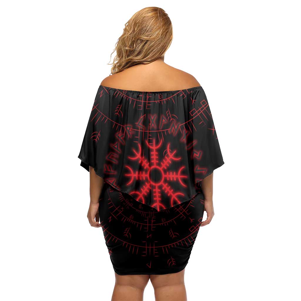 Viking Stag and Helm of Awe Symbol Off Shoulder Short Dress Glowing Norse Runic Tribal Illustration