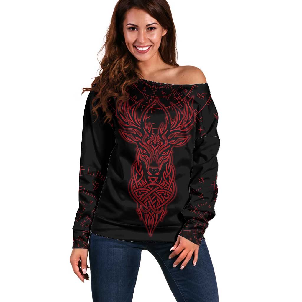Viking Stag and Helm of Awe Symbol Off Shoulder Sweater Glowing Norse Runic Tribal Illustration