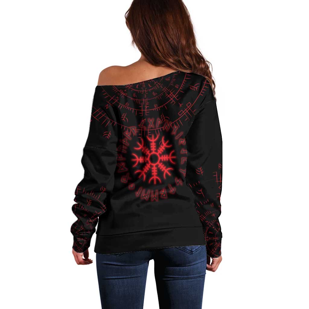 Viking Stag and Helm of Awe Symbol Off Shoulder Sweater Glowing Norse Runic Tribal Illustration