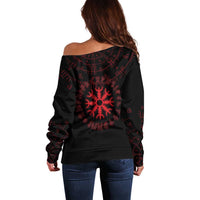 Viking Stag and Helm of Awe Symbol Off Shoulder Sweater Glowing Norse Runic Tribal Illustration
