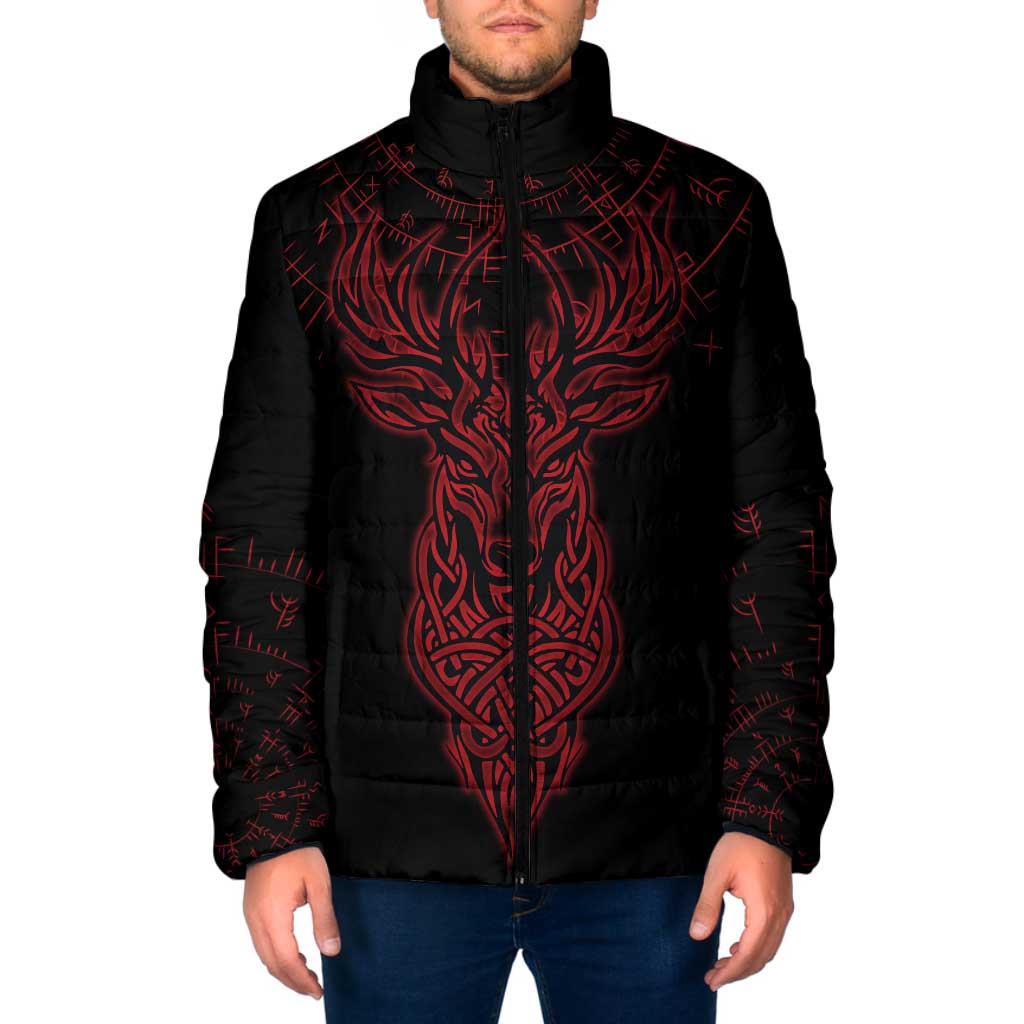 Viking Stag and Helm of Awe Symbol Padded Jacket Glowing Norse Runic Tribal Illustration