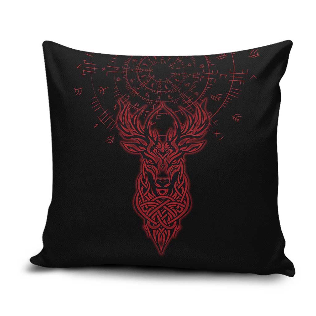 Viking Stag and Helm of Awe Symbol Pillow Cover Glowing Norse Runic Tribal Illustration