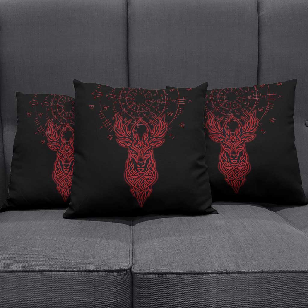 Viking Stag and Helm of Awe Symbol Pillow Cover Glowing Norse Runic Tribal Illustration