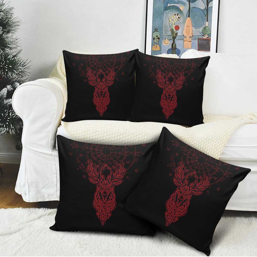 Viking Stag and Helm of Awe Symbol Pillow Cover Glowing Norse Runic Tribal Illustration