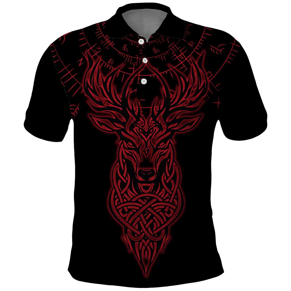 Viking Stag and Helm of Awe Symbol Polo Shirt Glowing Norse Runic Tribal Illustration