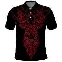 Viking Stag and Helm of Awe Symbol Polo Shirt Glowing Norse Runic Tribal Illustration
