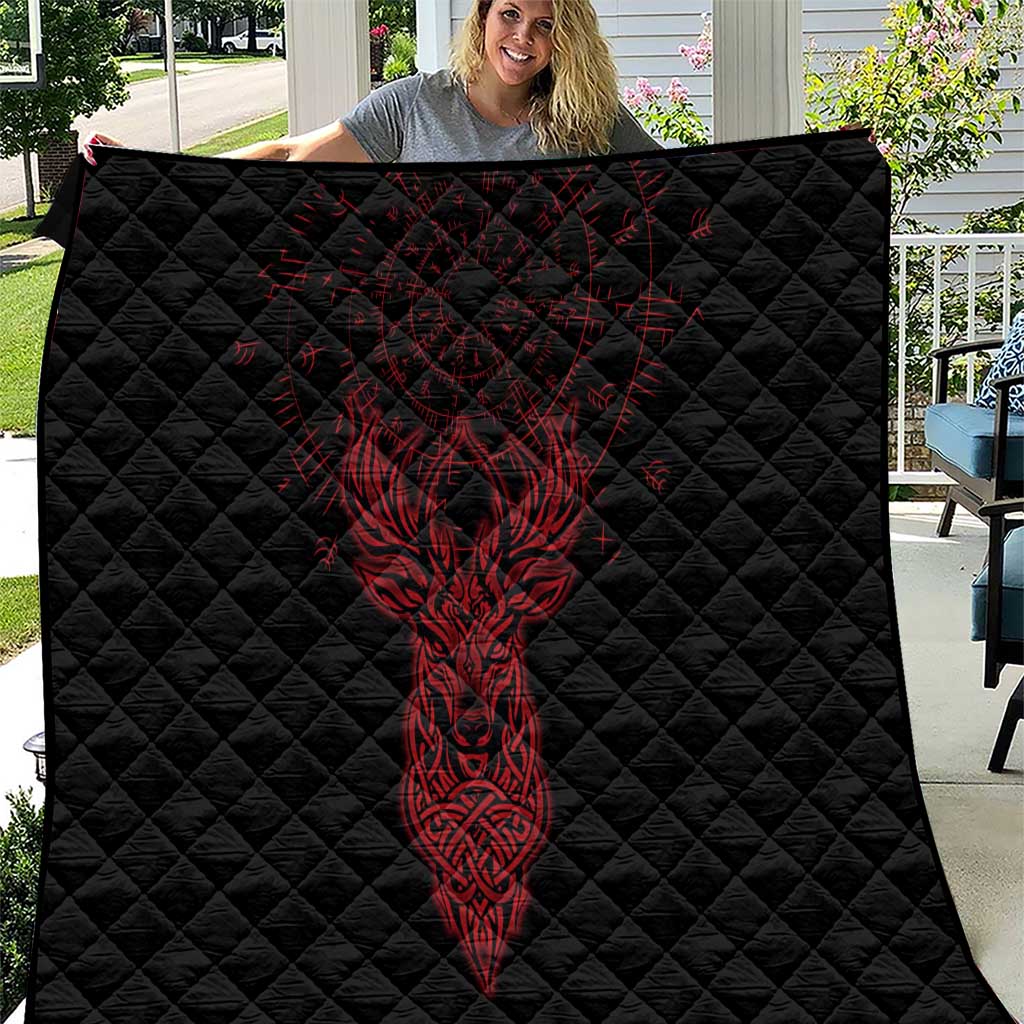 Viking Stag and Helm of Awe Symbol Quilt Glowing Norse Runic Tribal Illustration