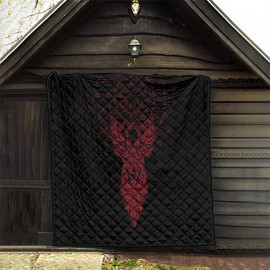 Viking Stag and Helm of Awe Symbol Quilt Glowing Norse Runic Tribal Illustration