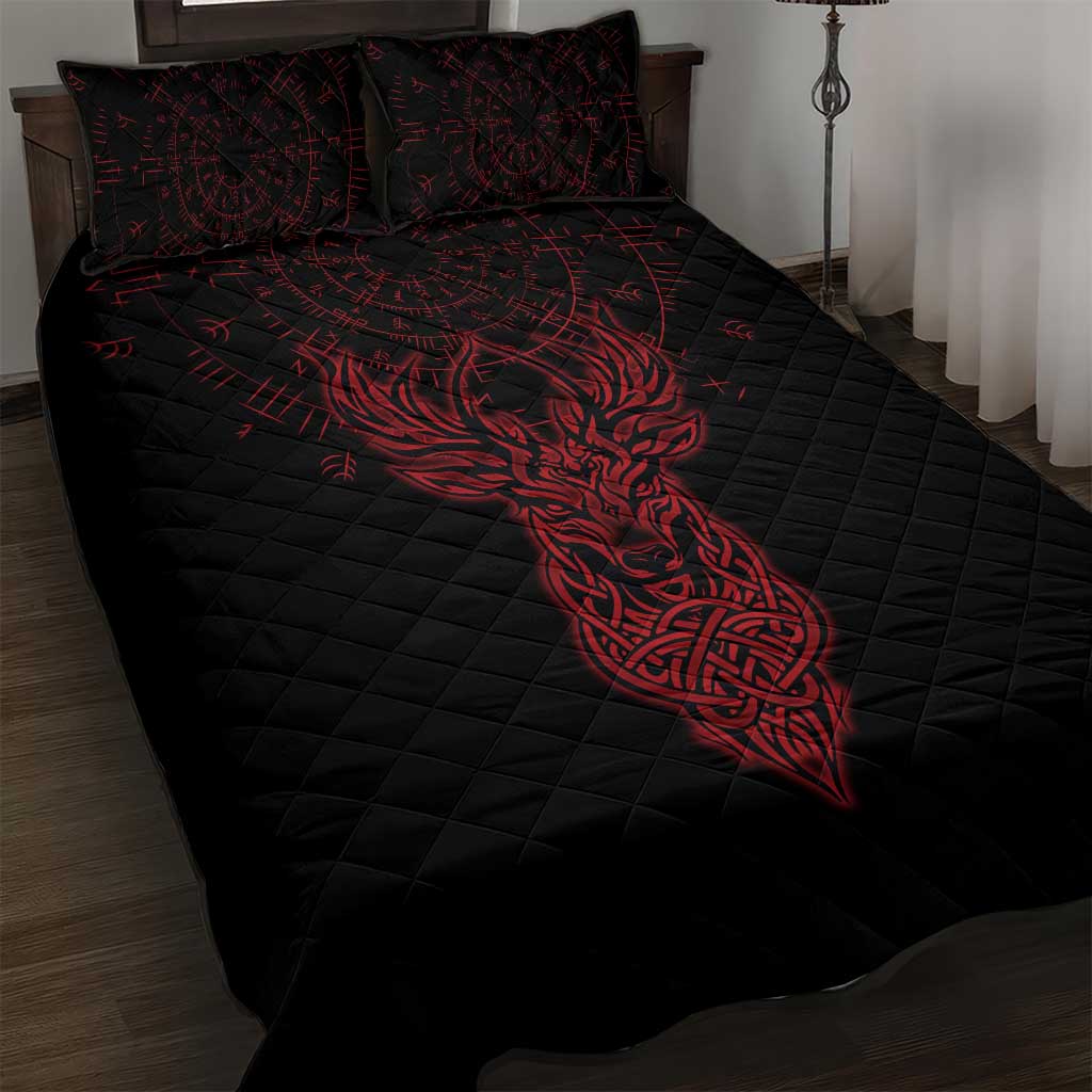 Viking Stag and Helm of Awe Symbol Quilt Bed Set Glowing Norse Runic Tribal Illustration