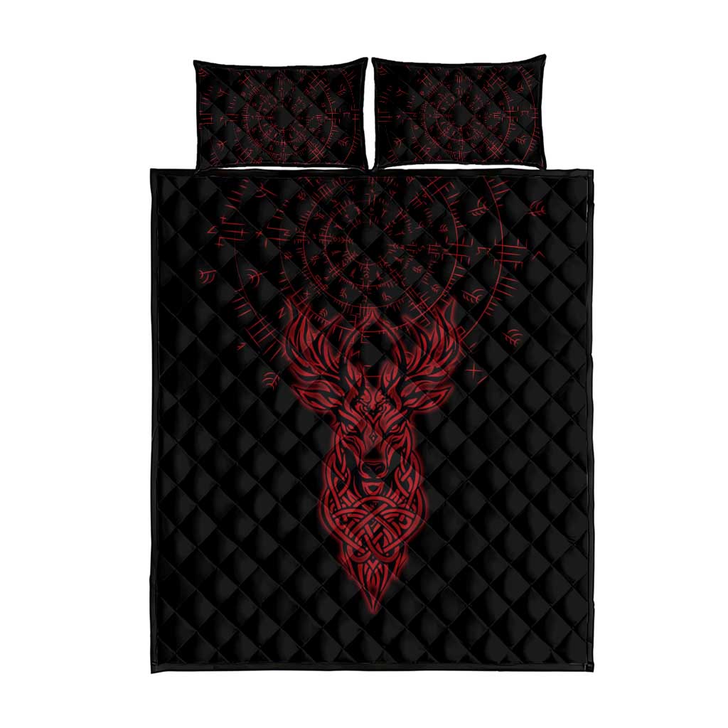 Viking Stag and Helm of Awe Symbol Quilt Bed Set Glowing Norse Runic Tribal Illustration
