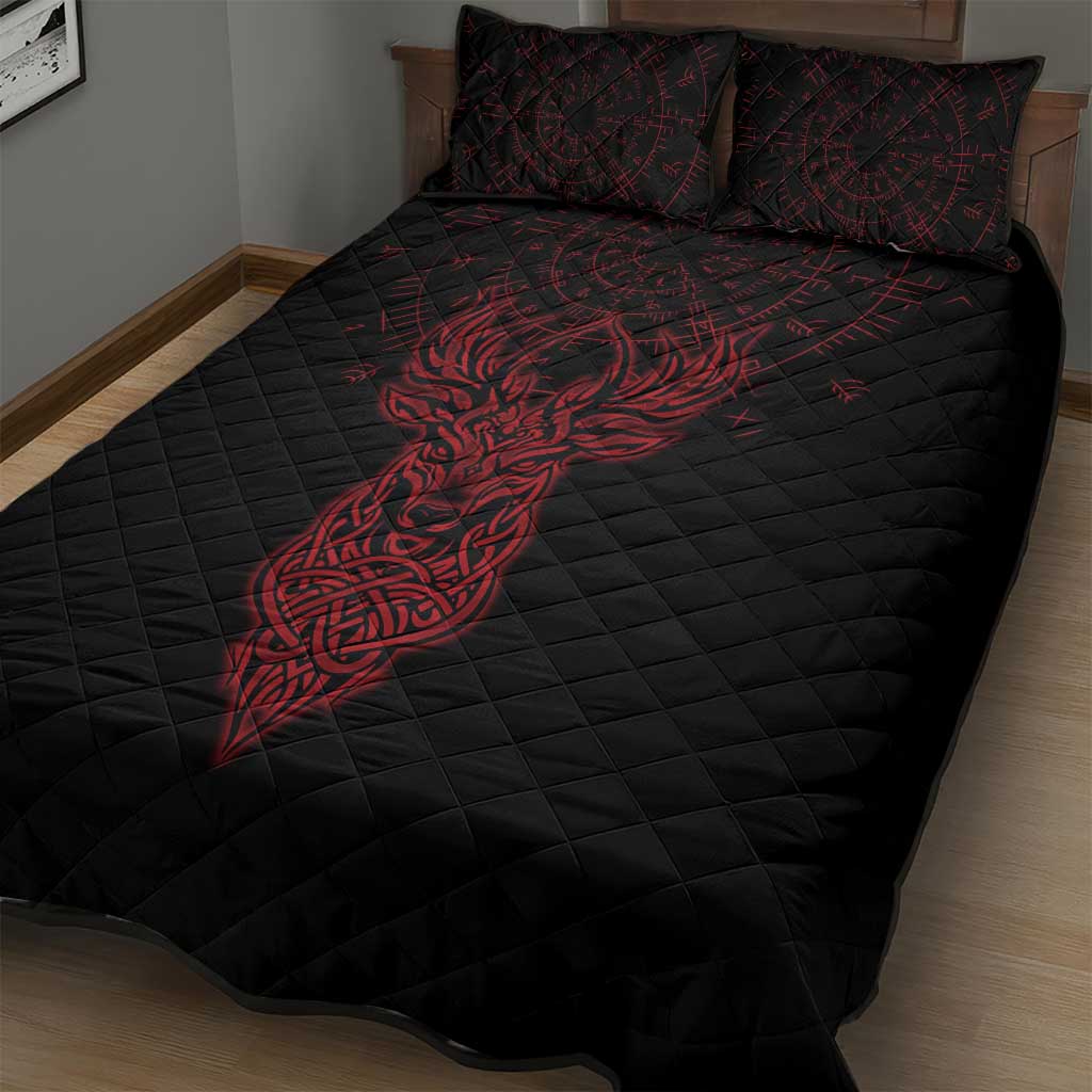 Viking Stag and Helm of Awe Symbol Quilt Bed Set Glowing Norse Runic Tribal Illustration