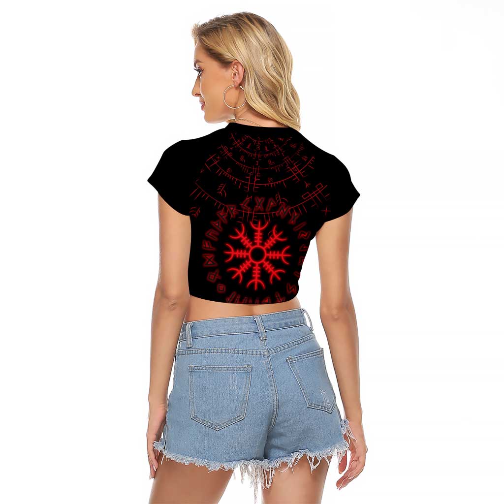 Viking Stag and Helm of Awe Symbol Raglan Cropped T Shirt Glowing Norse Runic Tribal Illustration