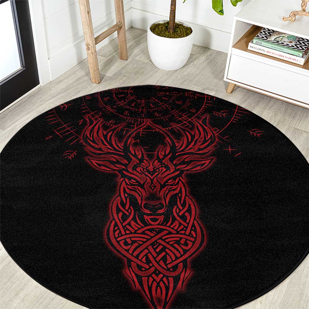 Viking Stag and Helm of Awe Symbol Round Carpet Glowing Norse Runic Tribal Illustration