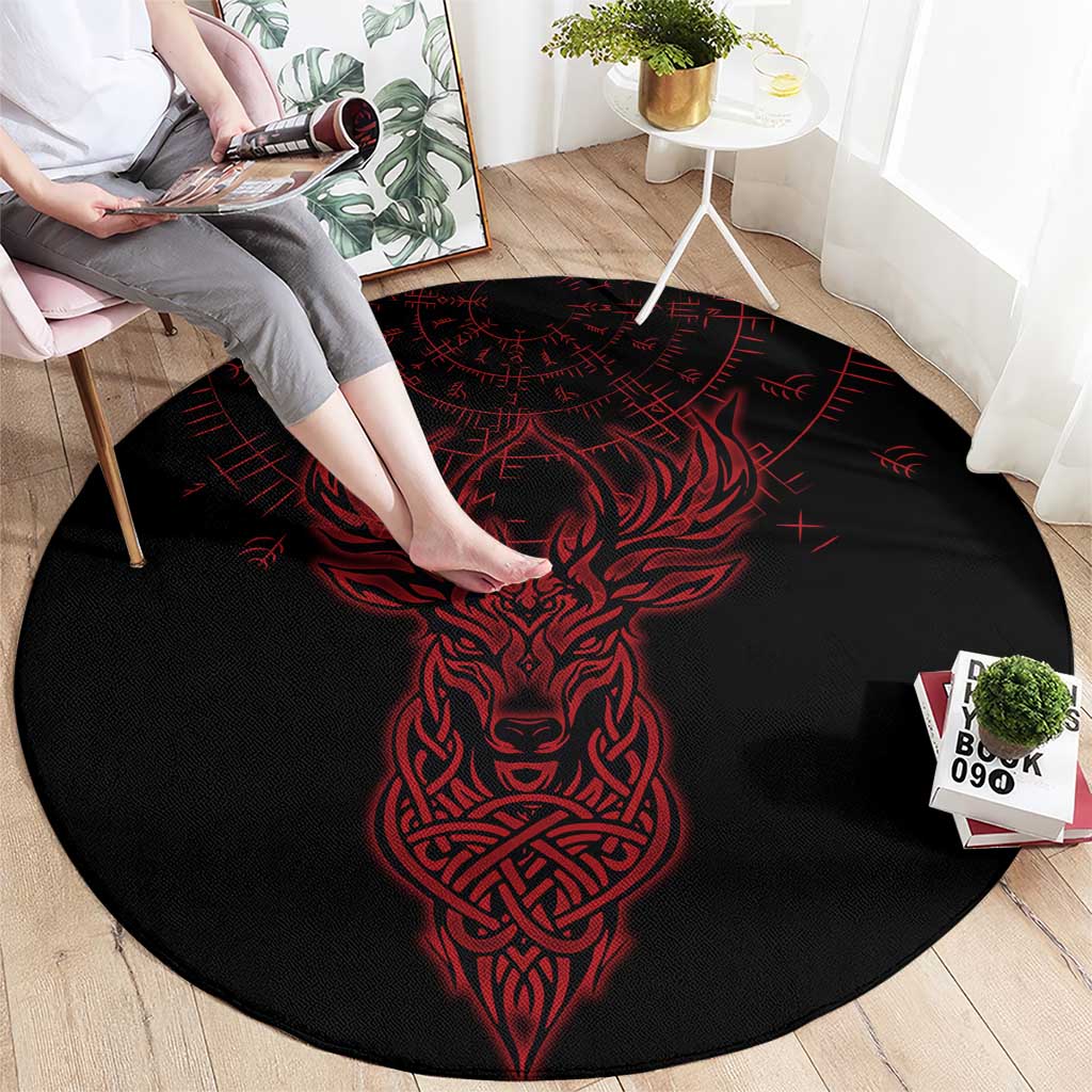 Viking Stag and Helm of Awe Symbol Round Carpet Glowing Norse Runic Tribal Illustration