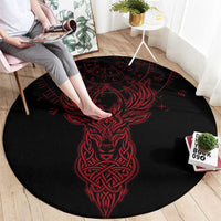Viking Stag and Helm of Awe Symbol Round Carpet Glowing Norse Runic Tribal Illustration