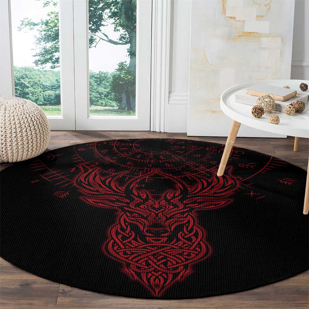 Viking Stag and Helm of Awe Symbol Round Carpet Glowing Norse Runic Tribal Illustration