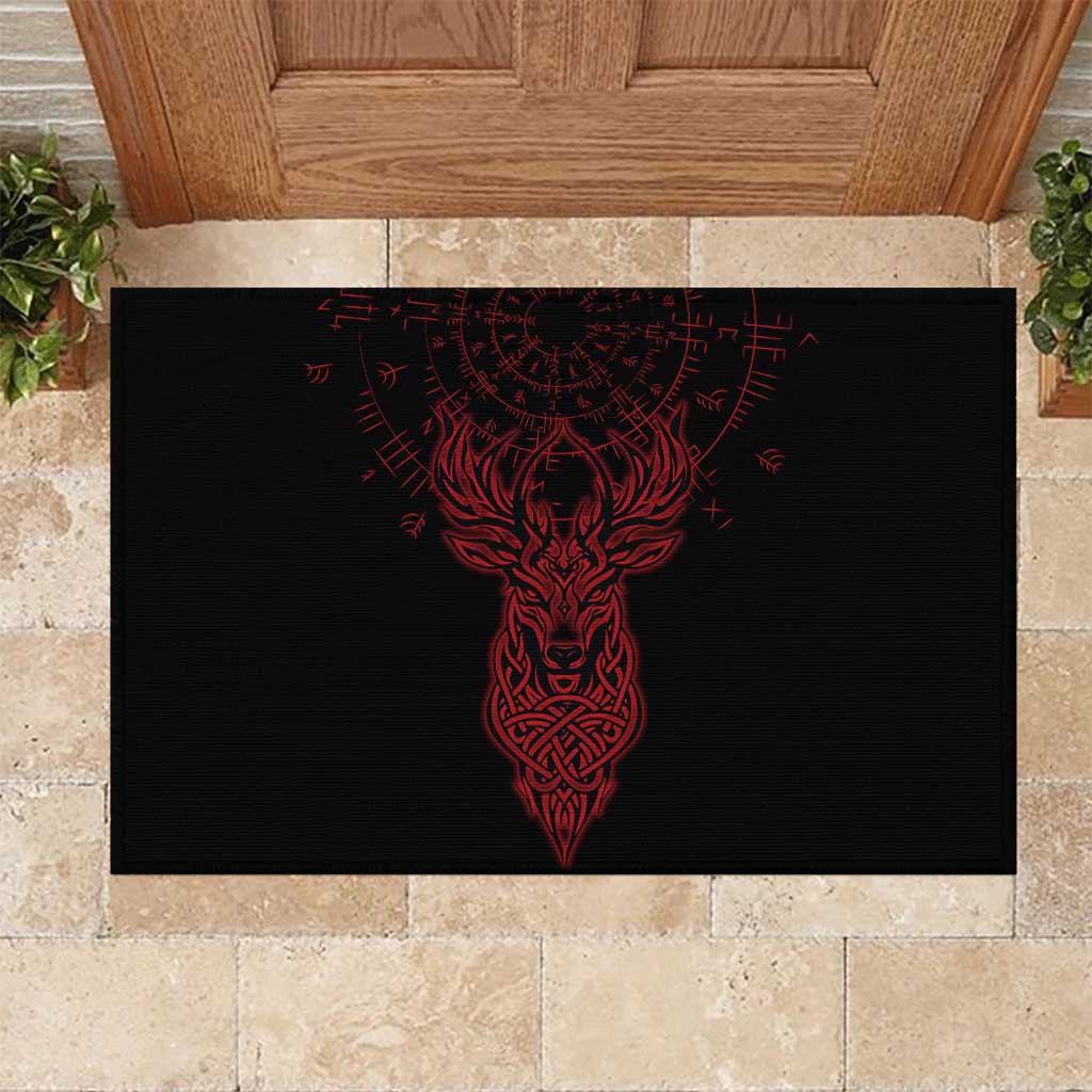 Viking Stag and Helm of Awe Symbol Rubber Doormat Glowing Norse Runic Tribal Illustration