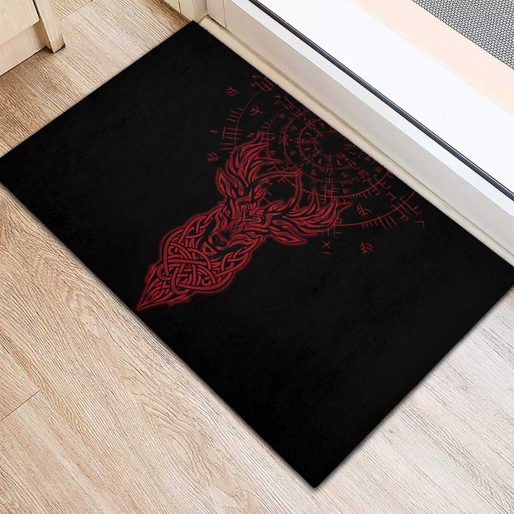 Viking Stag and Helm of Awe Symbol Rubber Doormat Glowing Norse Runic Tribal Illustration