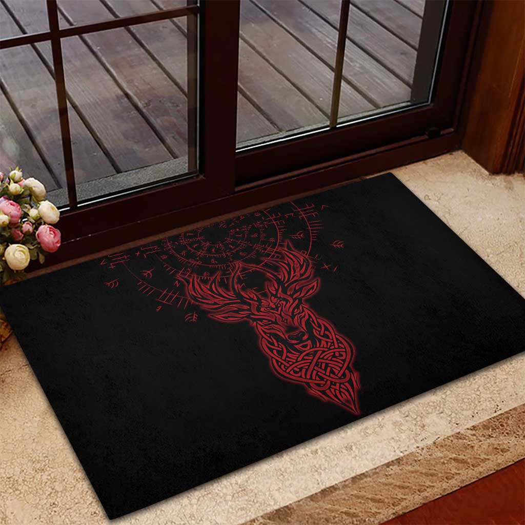 Viking Stag and Helm of Awe Symbol Rubber Doormat Glowing Norse Runic Tribal Illustration