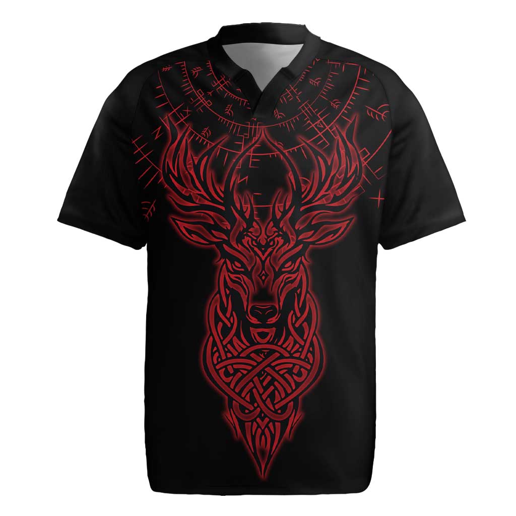 Viking Stag and Helm of Awe Symbol Rugby Jersey Glowing Norse Runic Tribal Illustration