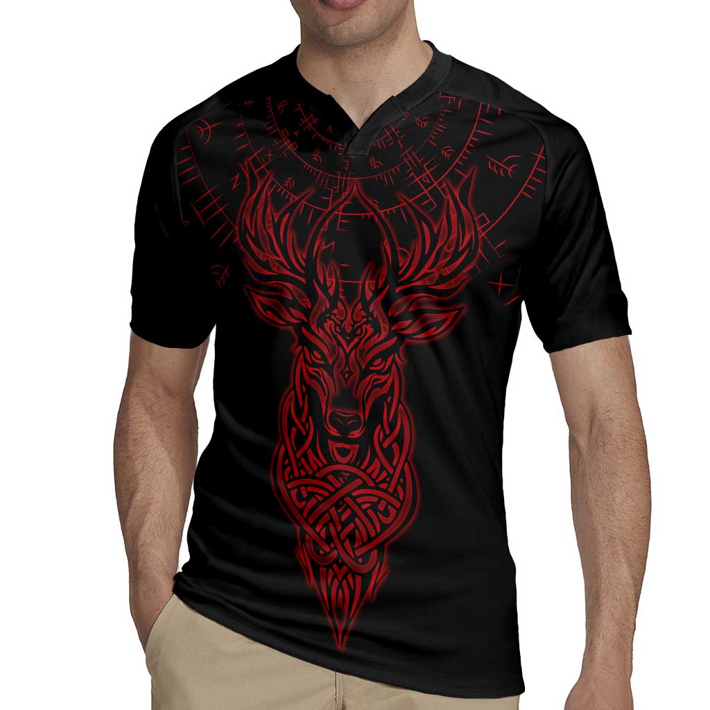 Viking Stag and Helm of Awe Symbol Rugby Jersey Glowing Norse Runic Tribal Illustration