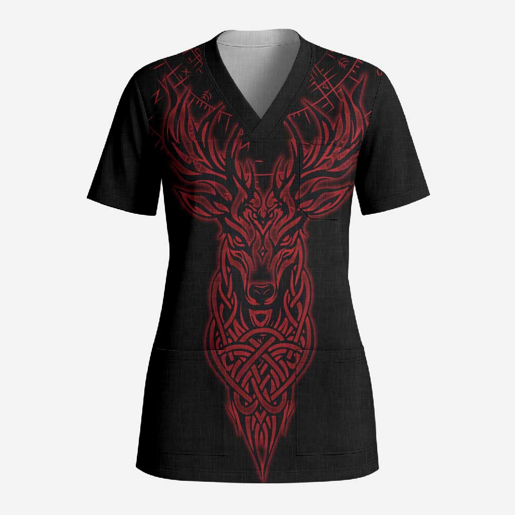 Viking Stag and Helm of Awe Symbol Scrub Top Glowing Norse Runic Tribal Illustration