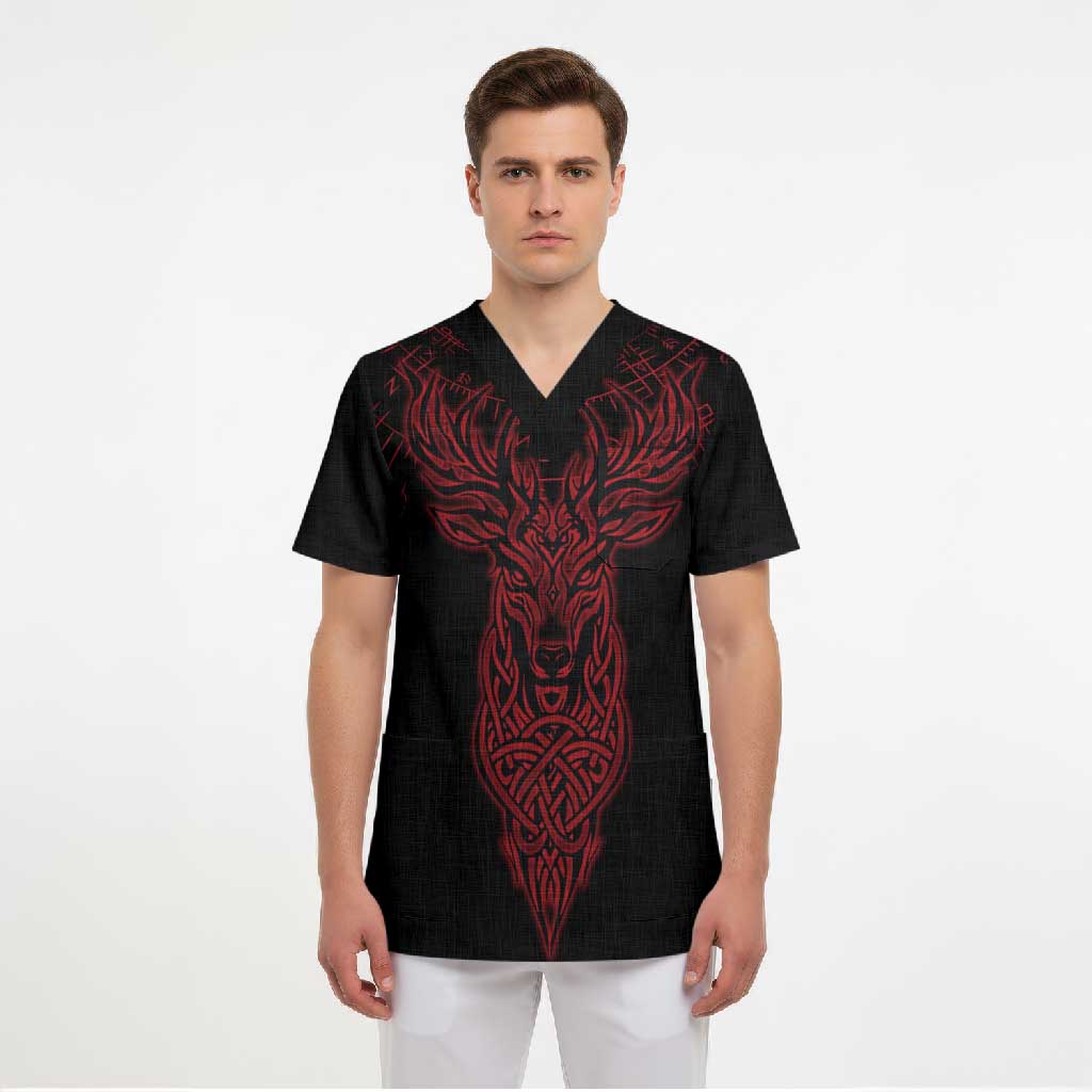 Viking Stag and Helm of Awe Symbol Scrub Top Glowing Norse Runic Tribal Illustration