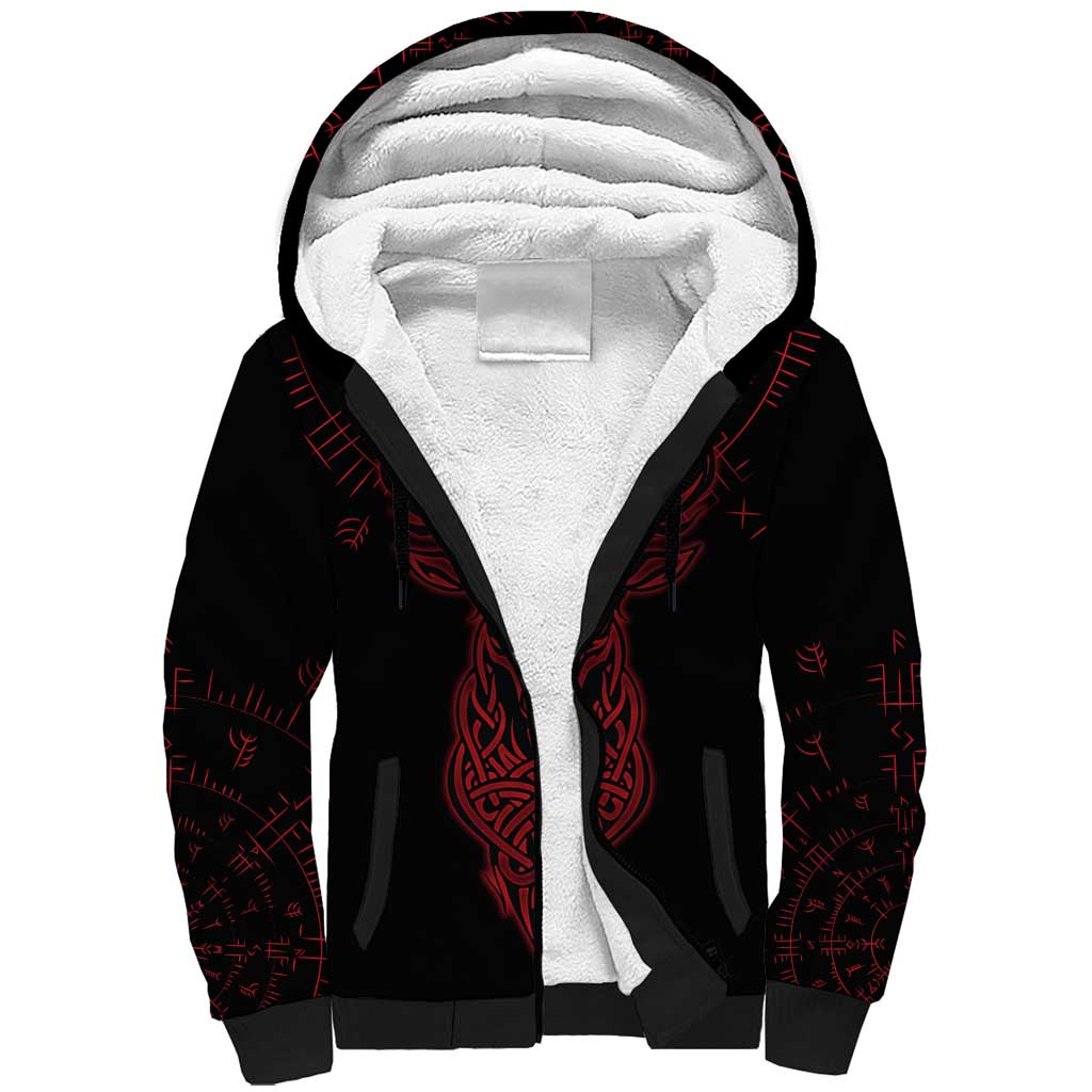 Viking Stag and Helm of Awe Symbol Sherpa Hoodie Glowing Norse Runic Tribal Illustration