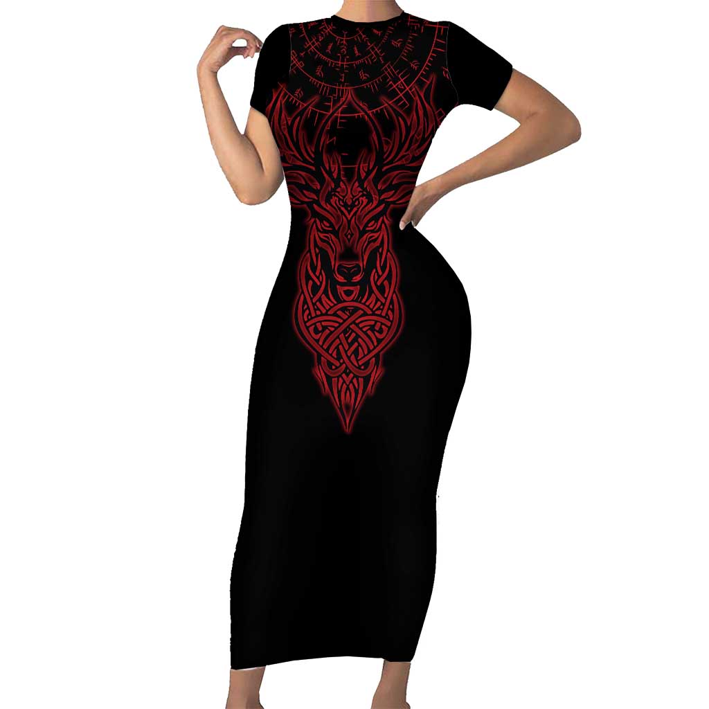 Viking Stag and Helm of Awe Symbol Short Sleeve Bodycon Dress Glowing Norse Runic Tribal Illustration