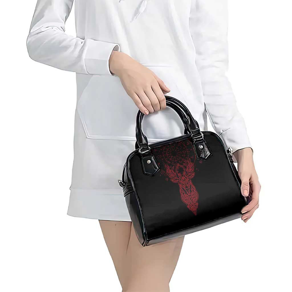Viking Stag and Helm of Awe Symbol Shoulder Handbag Glowing Norse Runic Tribal Illustration