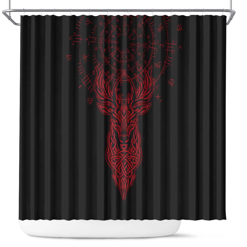 Viking Stag and Helm of Awe Symbol Shower Curtain Glowing Norse Runic Tribal Illustration