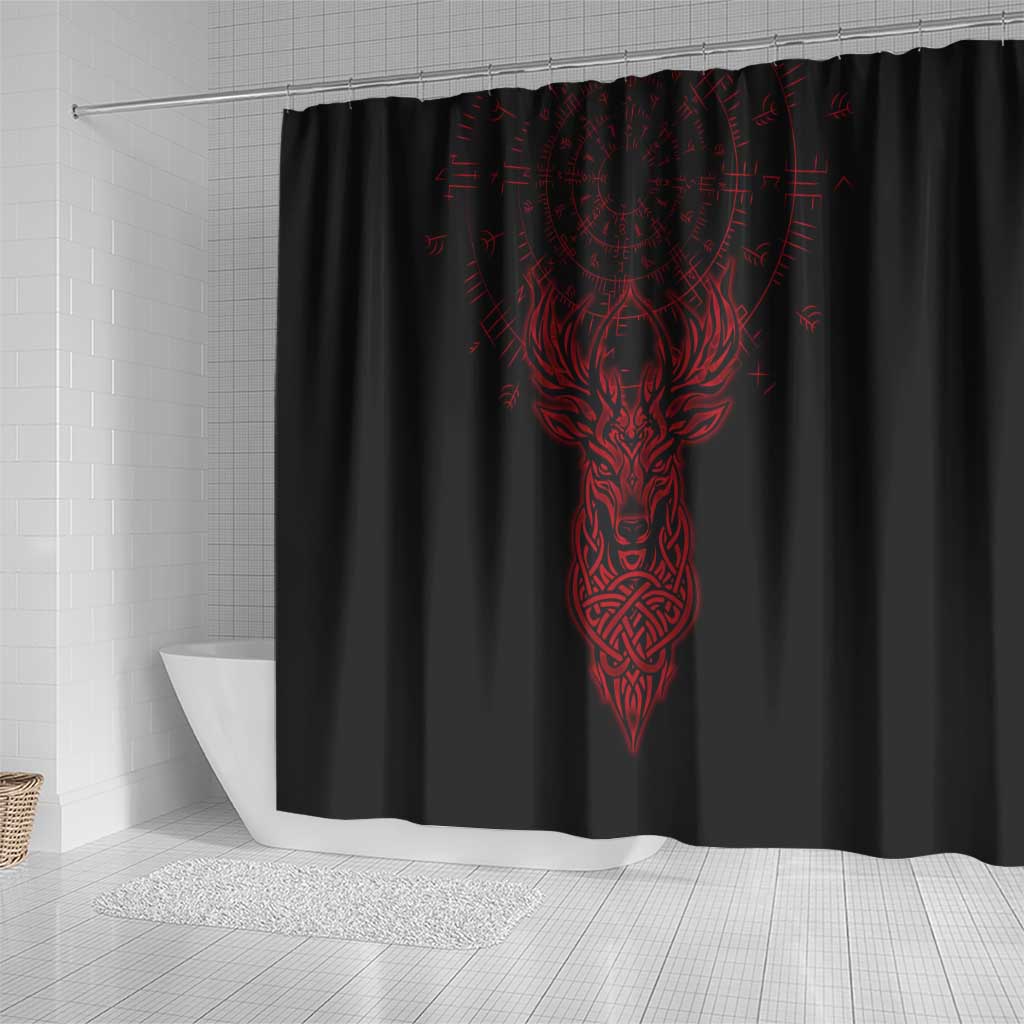 Viking Stag and Helm of Awe Symbol Shower Curtain Glowing Norse Runic Tribal Illustration
