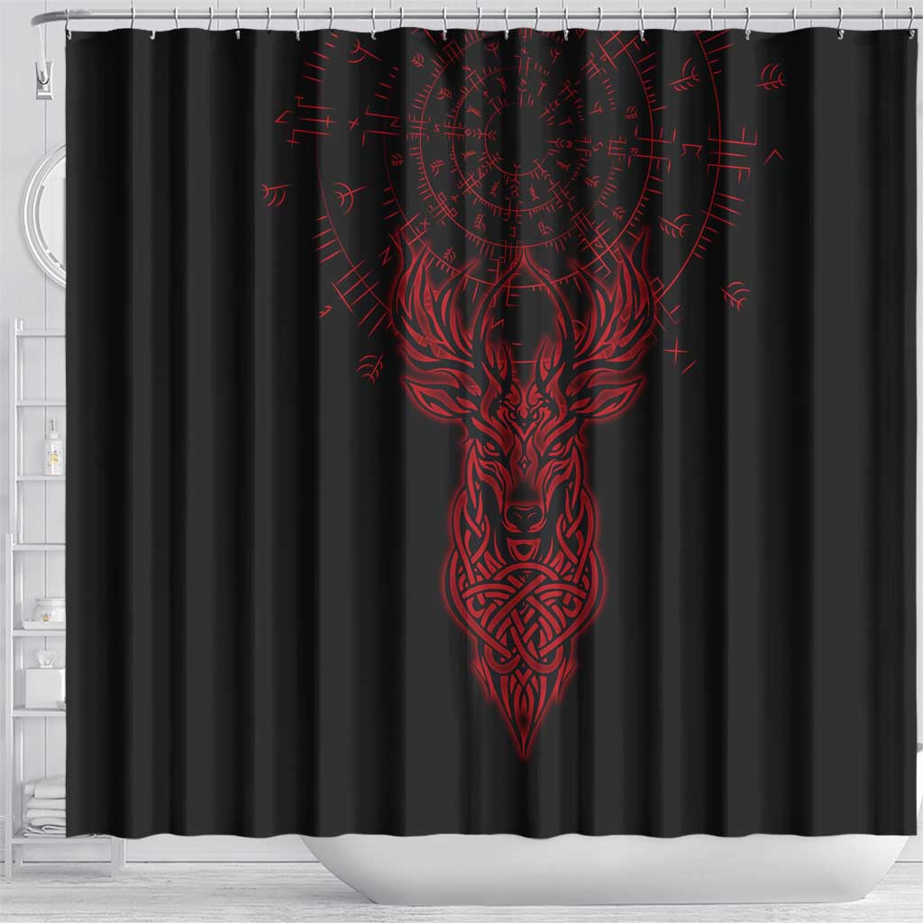 Viking Stag and Helm of Awe Symbol Shower Curtain Glowing Norse Runic Tribal Illustration