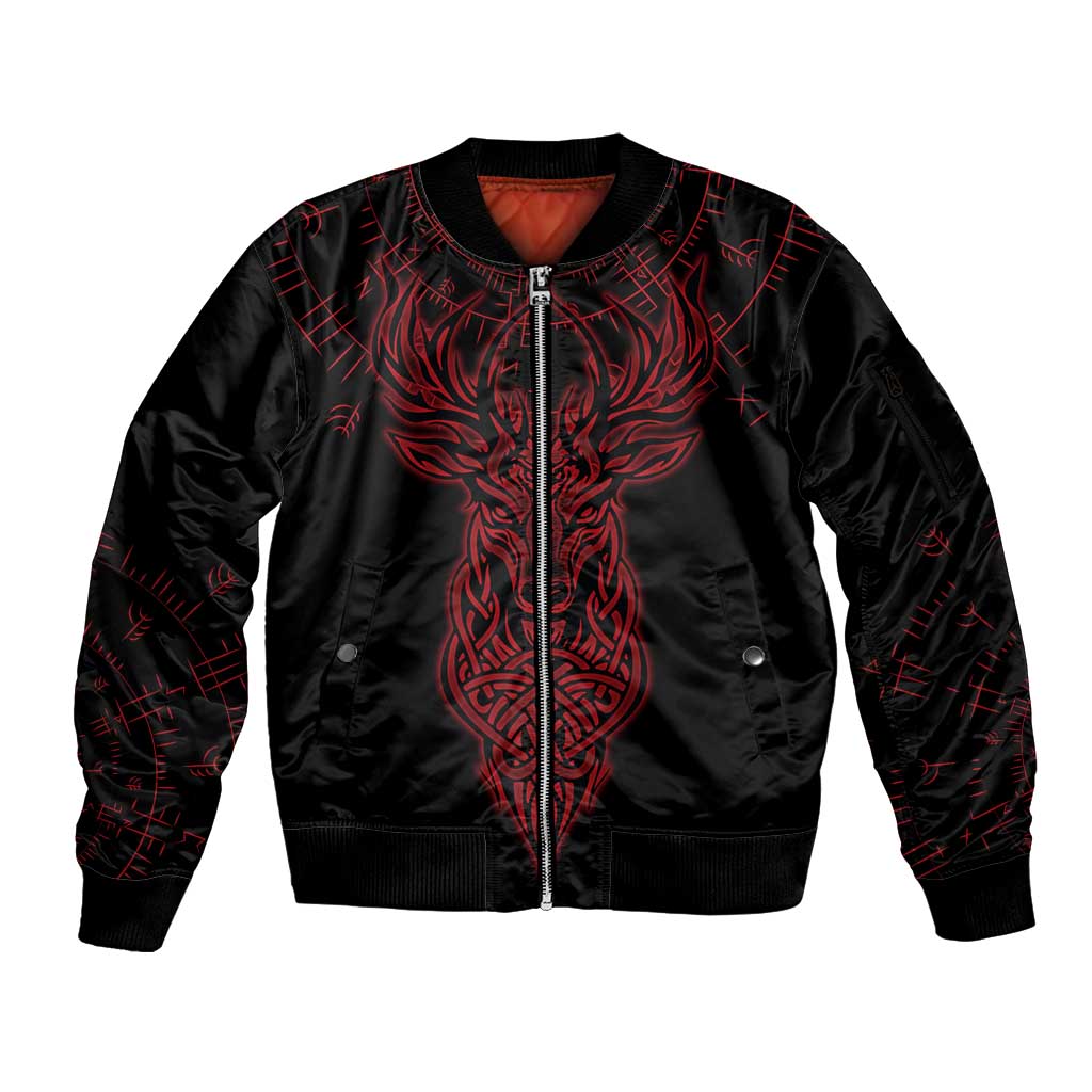 Viking Stag and Helm of Awe Symbol Sleeve Zip Bomber Jacket Glowing Norse Runic Tribal Illustration