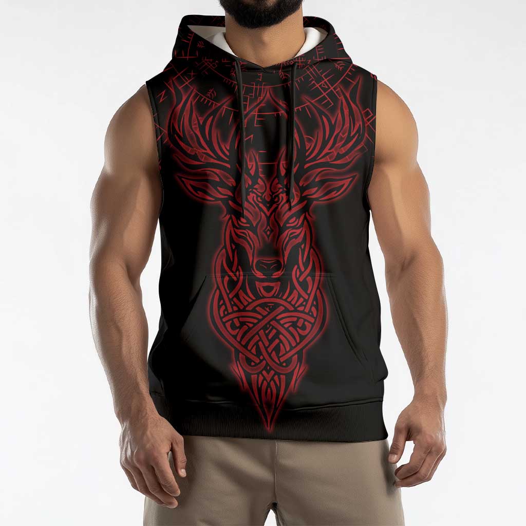Viking Stag and Helm of Awe Symbol Sleeveless Hoodie Glowing Norse Runic Tribal Illustration