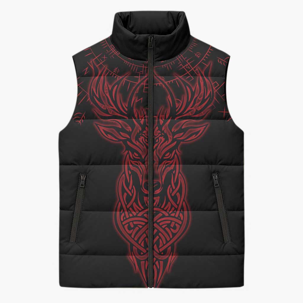 Viking Stag and Helm of Awe Symbol Sleeveless Puffer Jacket Glowing Norse Runic Tribal Illustration