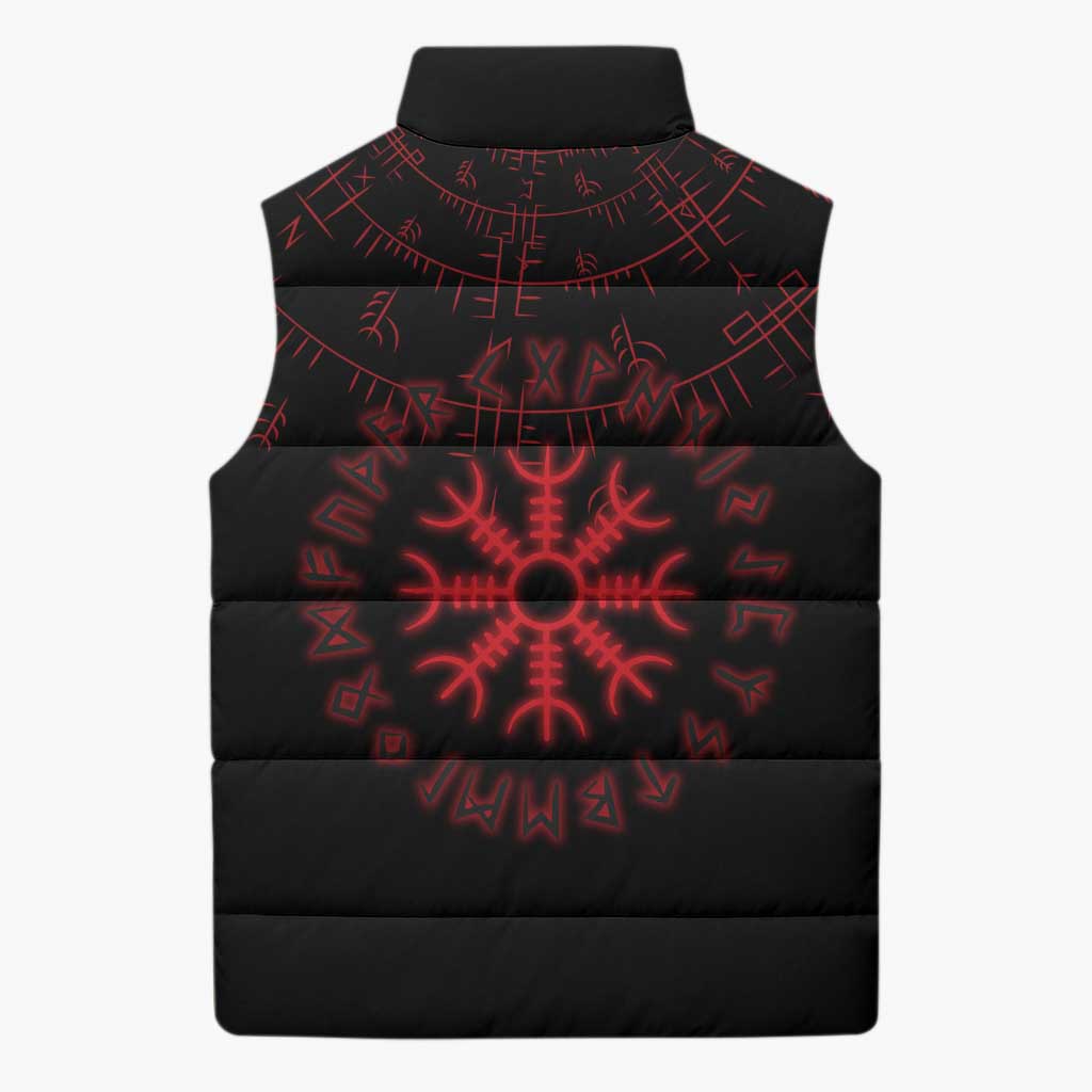 Viking Stag and Helm of Awe Symbol Sleeveless Puffer Jacket Glowing Norse Runic Tribal Illustration