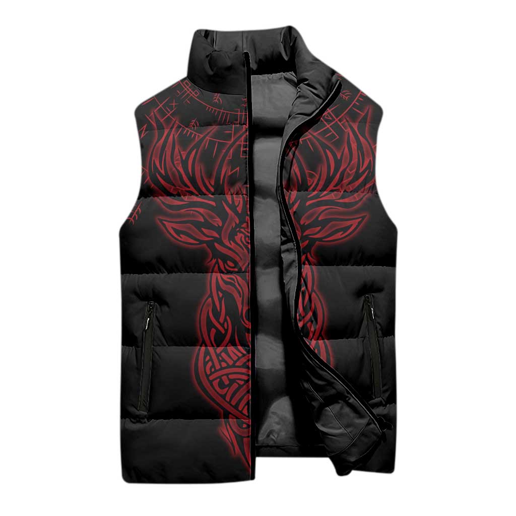 Viking Stag and Helm of Awe Symbol Sleeveless Puffer Jacket Glowing Norse Runic Tribal Illustration