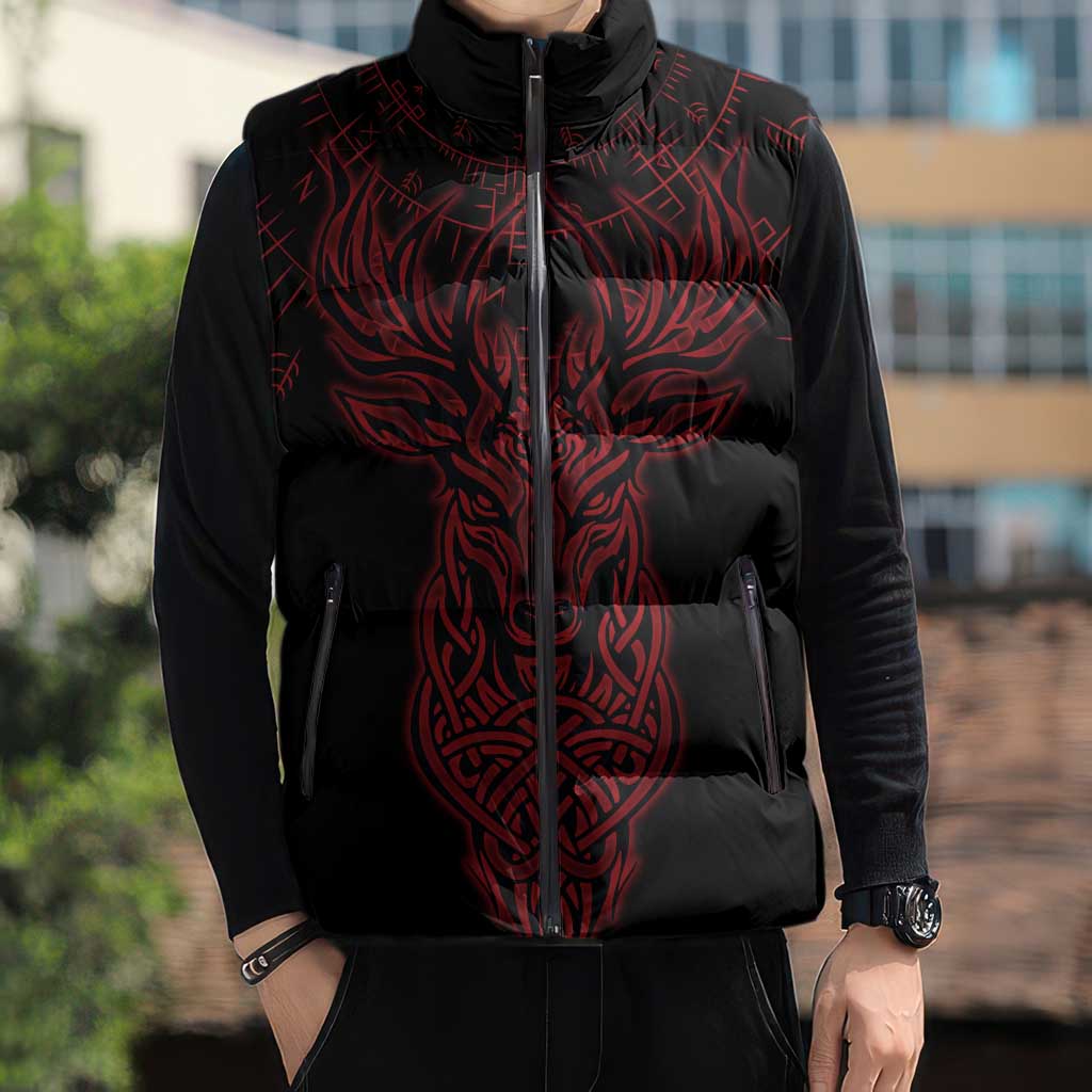 Viking Stag and Helm of Awe Symbol Sleeveless Puffer Jacket Glowing Norse Runic Tribal Illustration
