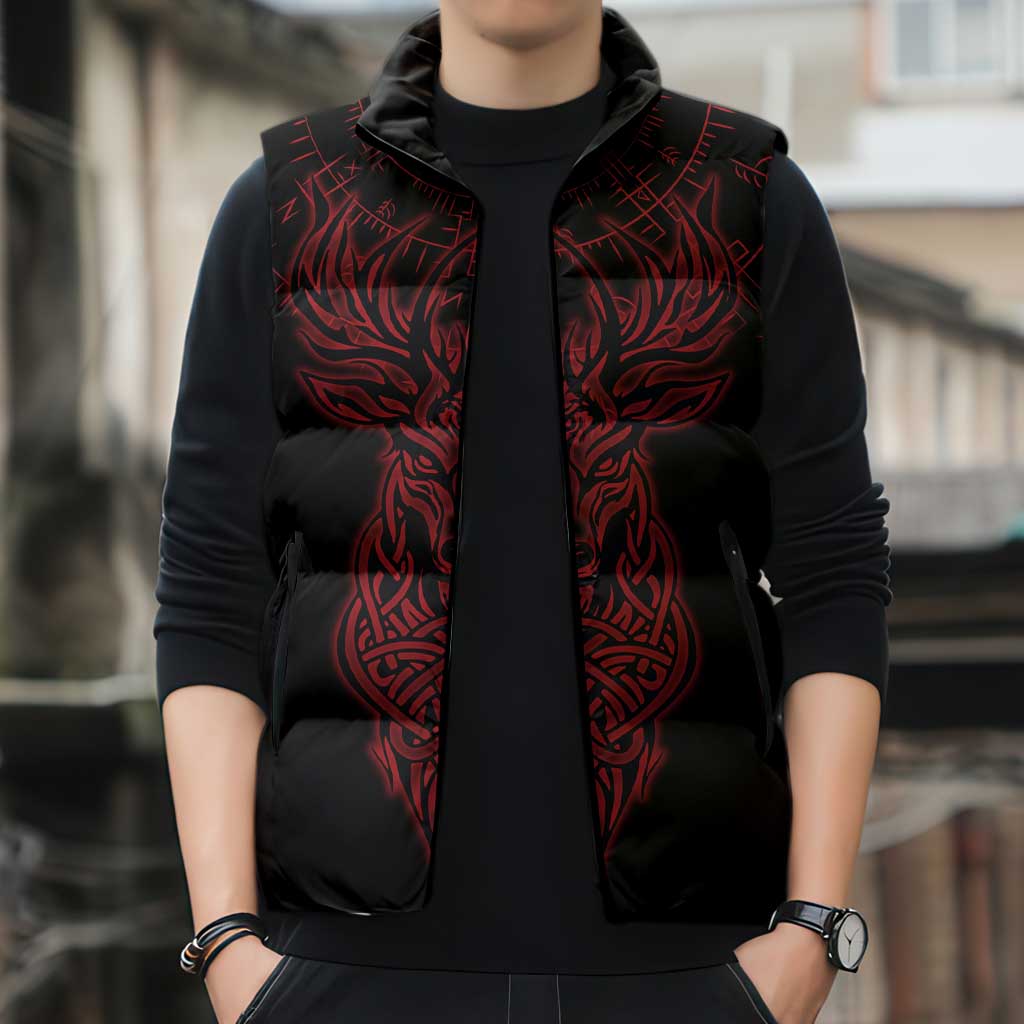 Viking Stag and Helm of Awe Symbol Sleeveless Puffer Jacket Glowing Norse Runic Tribal Illustration