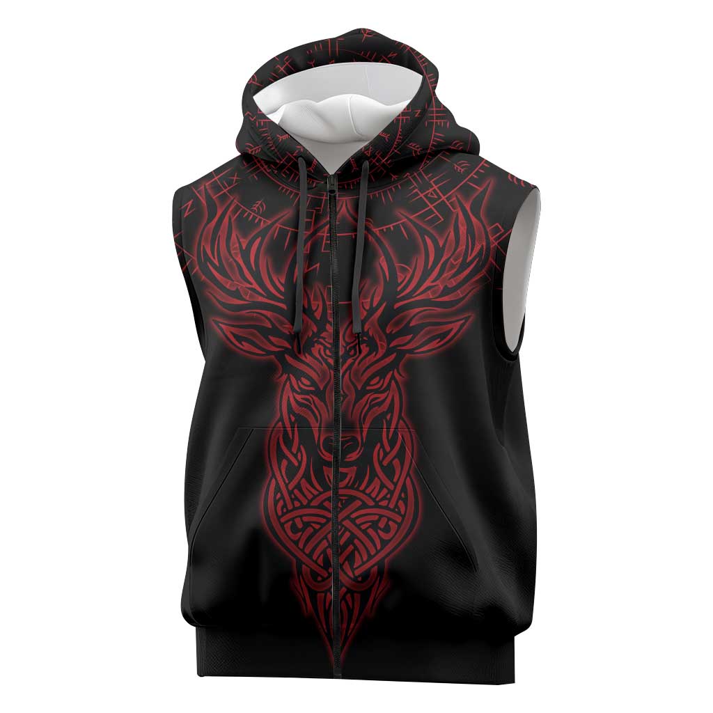 Viking Stag and Helm of Awe Symbol Sleeveless Zip Hoodie Glowing Norse Runic Tribal Illustration